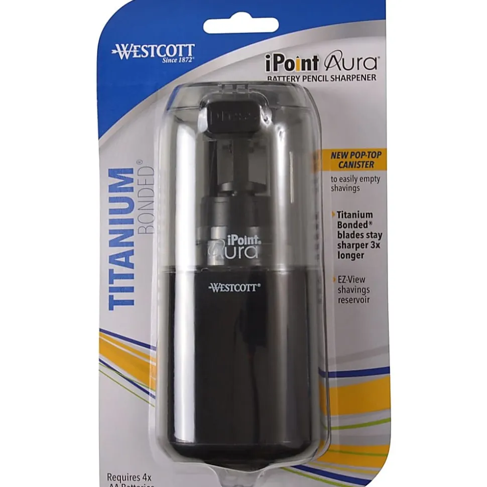 Westcott iPoint Aura Battery Operated Pencil Sharpener, 7-3/4"H x 4-1/2"W x 2-1/2"D, Assorted Colors