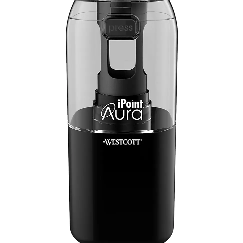 Westcott iPoint Aura Battery Operated Pencil Sharpener, 7-3/4"H x 4-1/2"W x 2-1/2"D, Assorted Colors