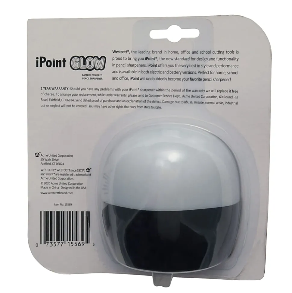 Westcott iPoint Glow Color-Changing Pencil Sharpener, 6-3/8"H x 3-3/8"W x 5-15/16"D