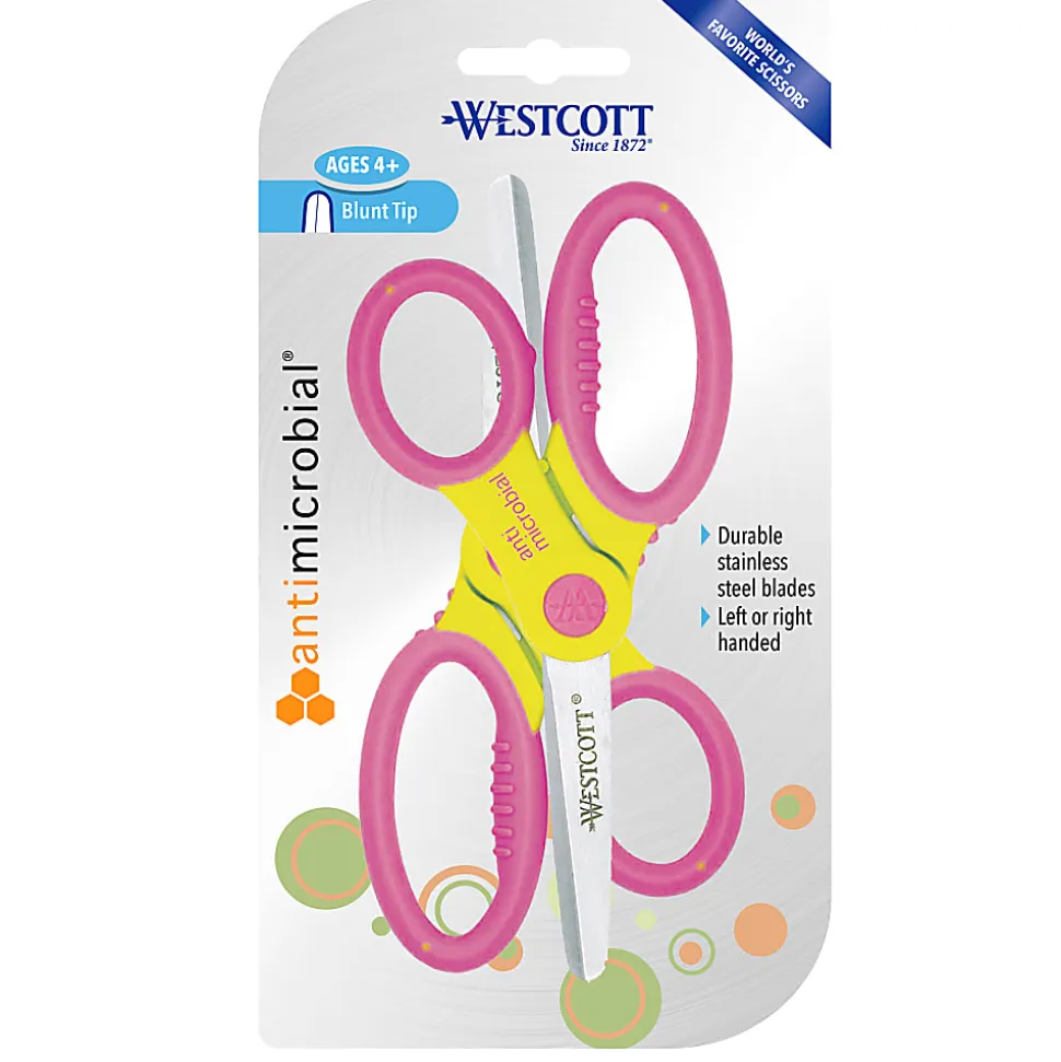 Westcott Kids' Scissors With Antimicrobial Protection, 5", Blunt, Assorted Colors, Pack Of 2 Scissors
