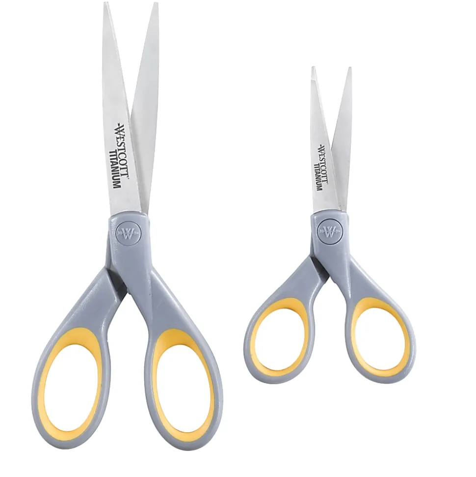 Westcott® Titanium Bonded Scissors, Pointed, Gray/Yellow, Pack Of 2