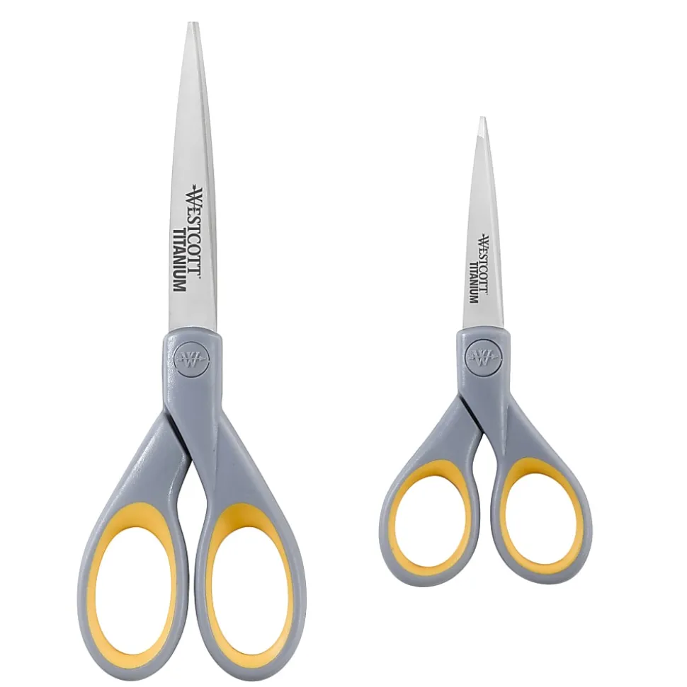 Westcott® Titanium Bonded Scissors, Pointed, Gray/Yellow, Pack Of 2