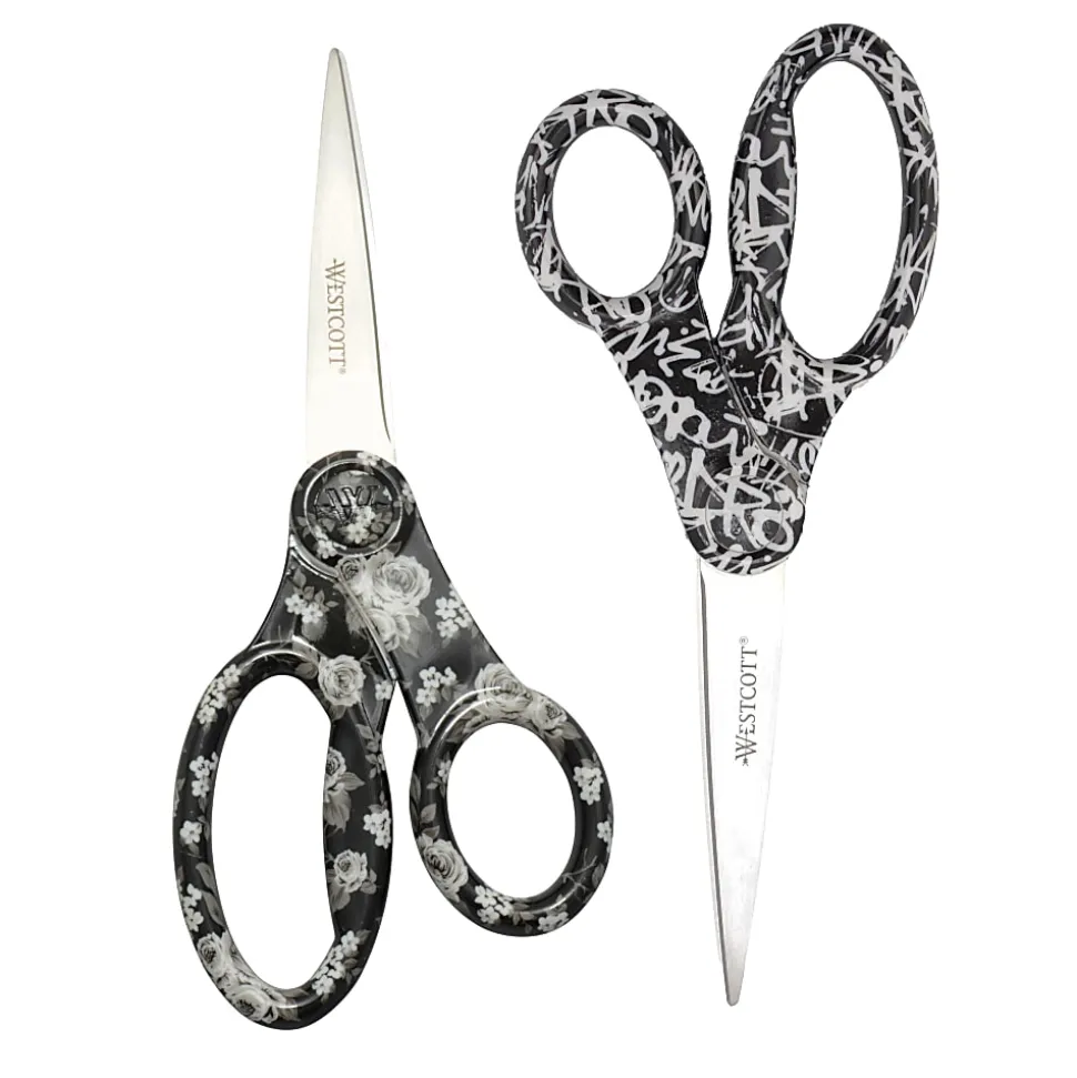 Westcott® Trendsetter Scissors, 8", Pointed, Black/White Patterns, Floral/Graffiti