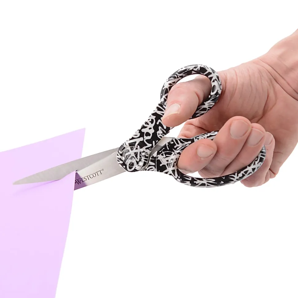Westcott® Trendsetter Scissors, 8", Pointed, Black/White Patterns, Floral/Graffiti