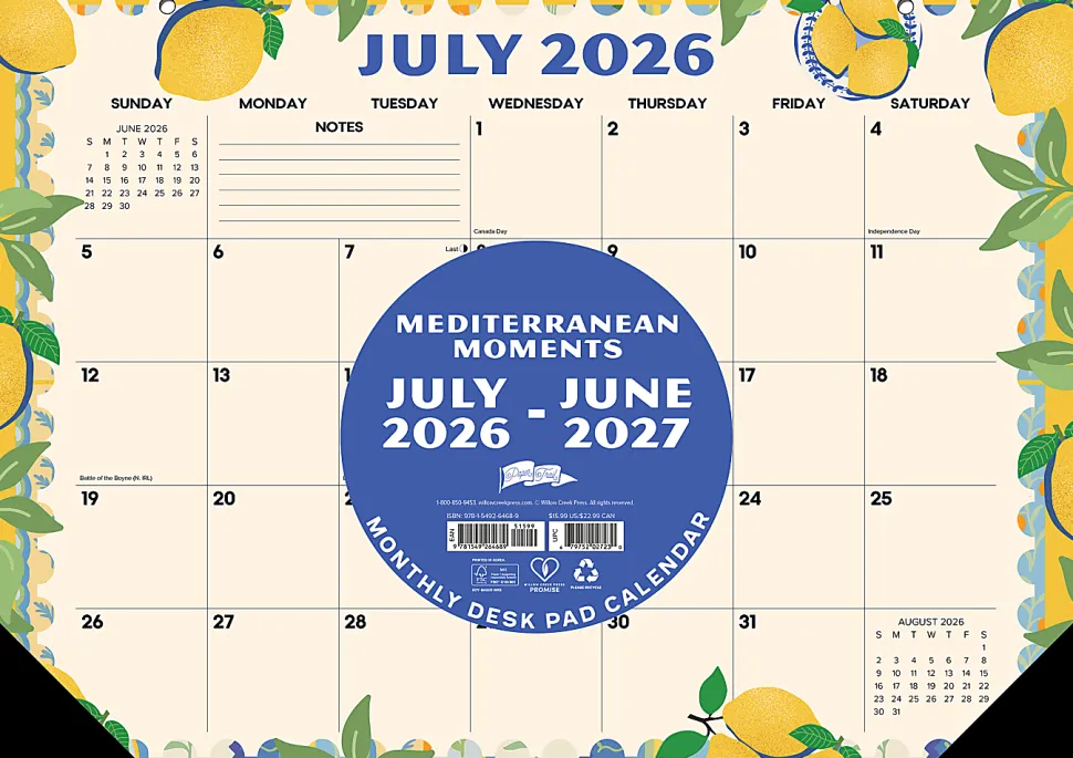 Willow Creek Press Academic Monthly Desk Pad Calendar, 17" x 12", Mediterranean Moments, July 2026-June 2027, Total Qty 1