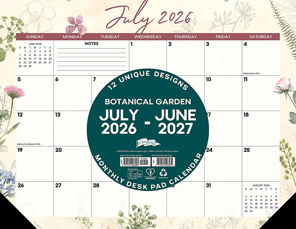 2026-2027 Willow Creek Press Academic Monthly Desk Pad Calendar, 17" x 22", Botanical Garden, July To June, Total Qty 1