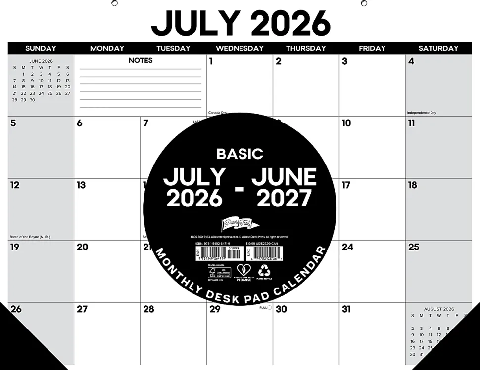 Willow Creek Press Academic Monthly Desk Pad Calendar, 17" x 22", Basic, July 2026 - June 2027, Total Qty 1