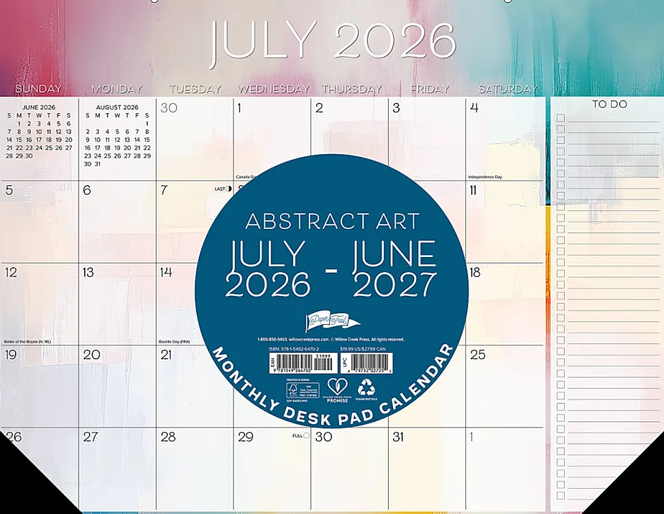 2026-2027 Willow Creek Press Academic Monthly Desk Pad Calendar, 17" x 22", Abstract Art, July To June, Total Qty 1