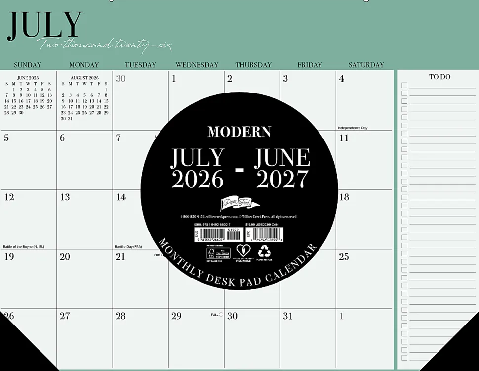 2026-2027 Willow Creek Press Academic Monthly Desk Pad Calendar, 17" x 22", Modern, July To June, Total Qty 1