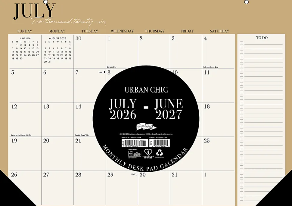 Willow Creek Press Academic Monthly Desk Pad Calendar, 17" x 12", Urban Chic, July 2026 - June 2027, Total Qty 1