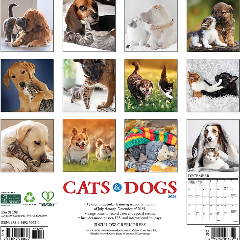 2026 Willow Creek Press Animals Monthly Wall Calendar, 12" x 12", Cats & Dogs, January To December, 50620