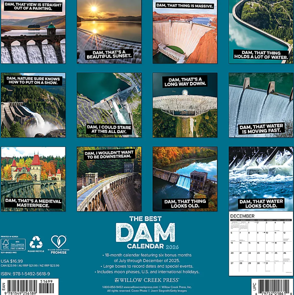 2026 Willow Creek Press Art & Design Monthly Wall Calendar, 12" x 12", The Best Dam Calendar, January To December, 56189