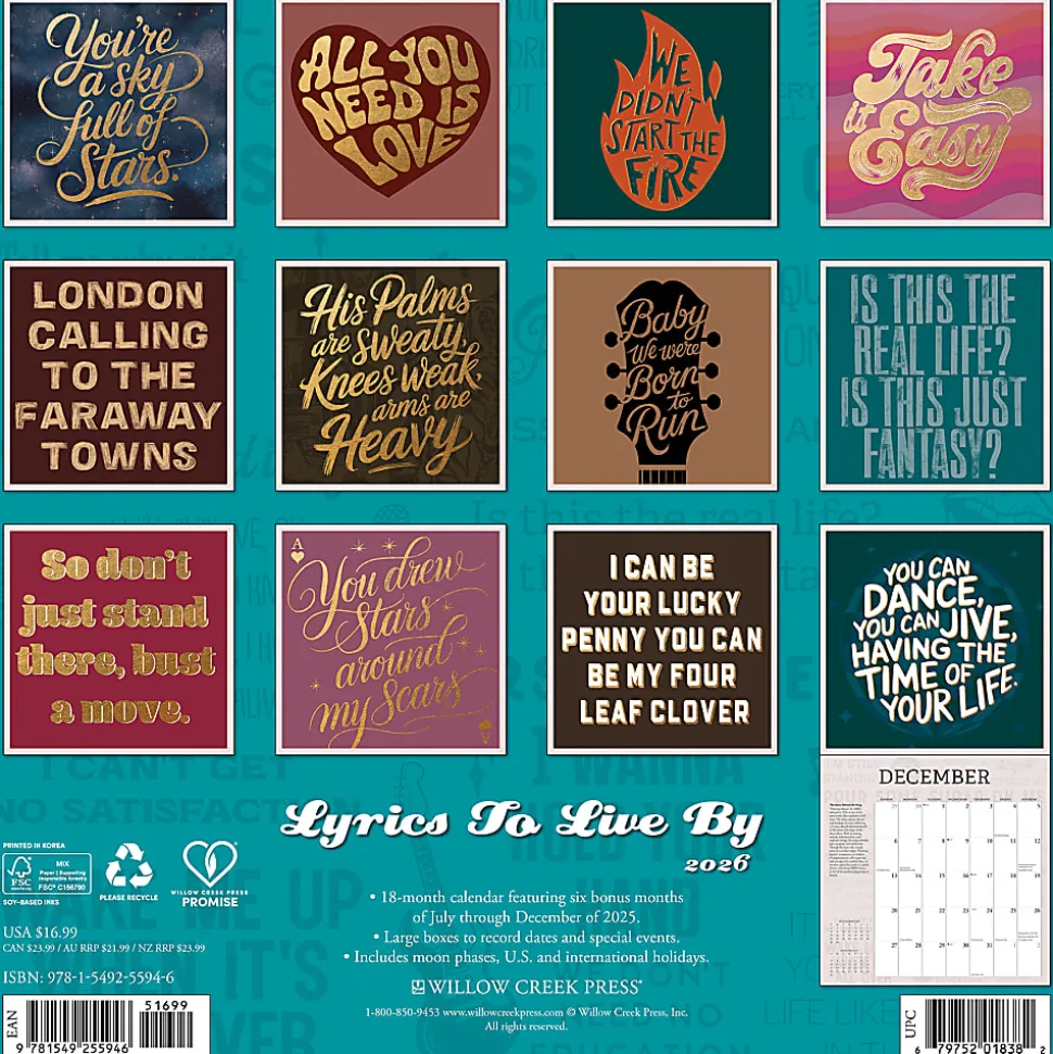 2026 Willow Creek Press Art & Design Monthly Wall Calendar, 12" x 12", Lyrics to Live By, January To December, 55946