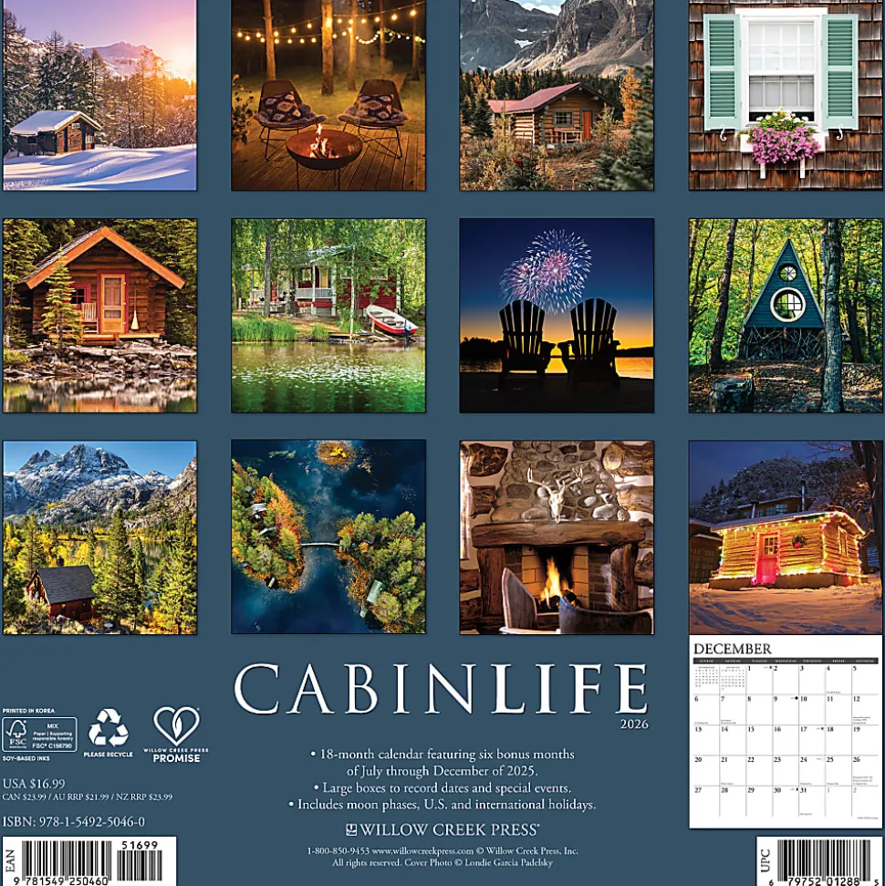 2026 Willow Creek Press Art & Design Monthly Wall Calendar, 12" x 12", CabinLife, January To December, 50460