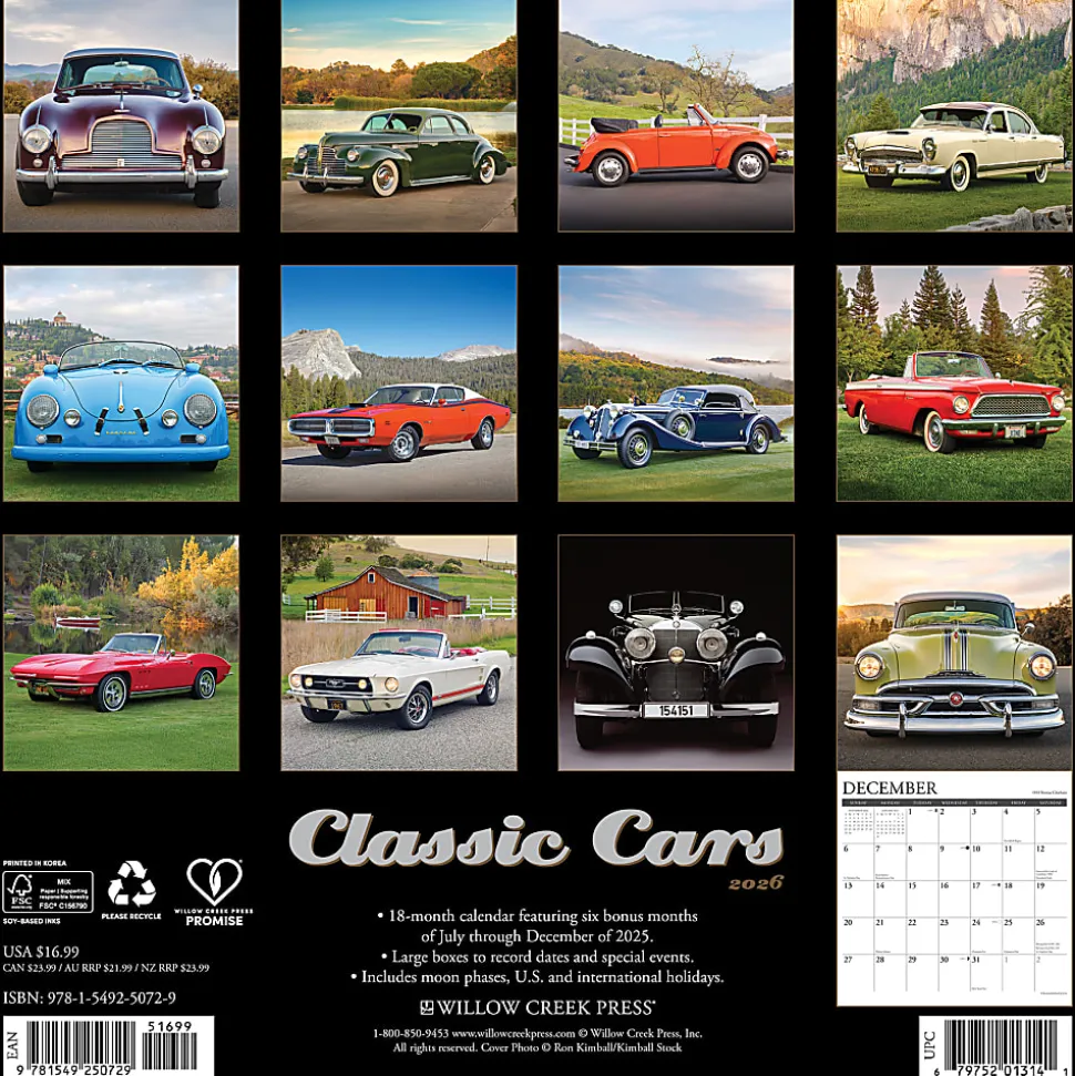 2026 Willow Creek Press Art & Design Monthly Wall Calendar, 12" x 12", Classic Cars, January To December, 50729