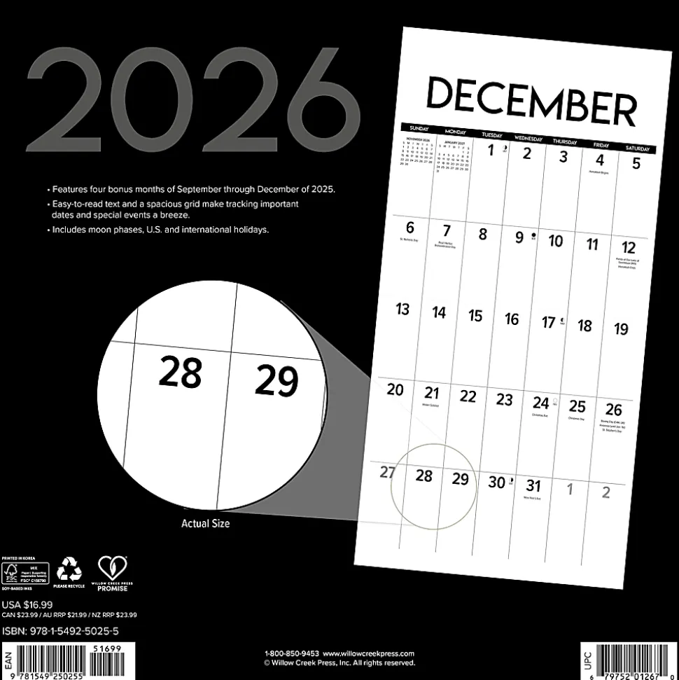 2026 Willow Creek Press Art & Design Monthly Wall Calendar, 12" x 12", Black & White Professional Large Grid, January To December, 50255