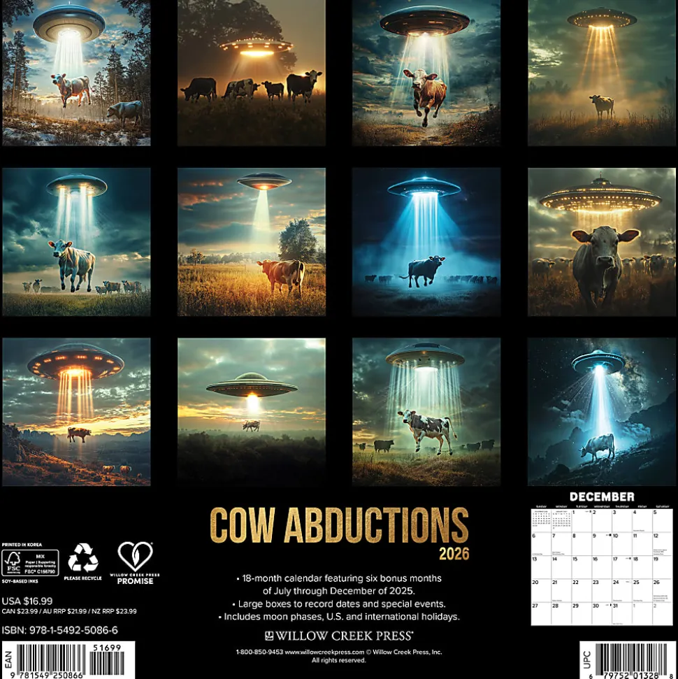 2026 Willow Creek Press Humor & Comics Monthly Wall Calendar, 12" x 12", Cow Abductions, January To December, 50866