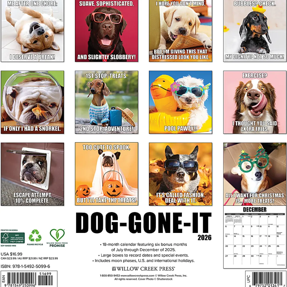 2026 Willow Creek Press Humor & Comics Monthly Wall Calendar, 12" x 12", Dog-Gone-It, January To December, 50996