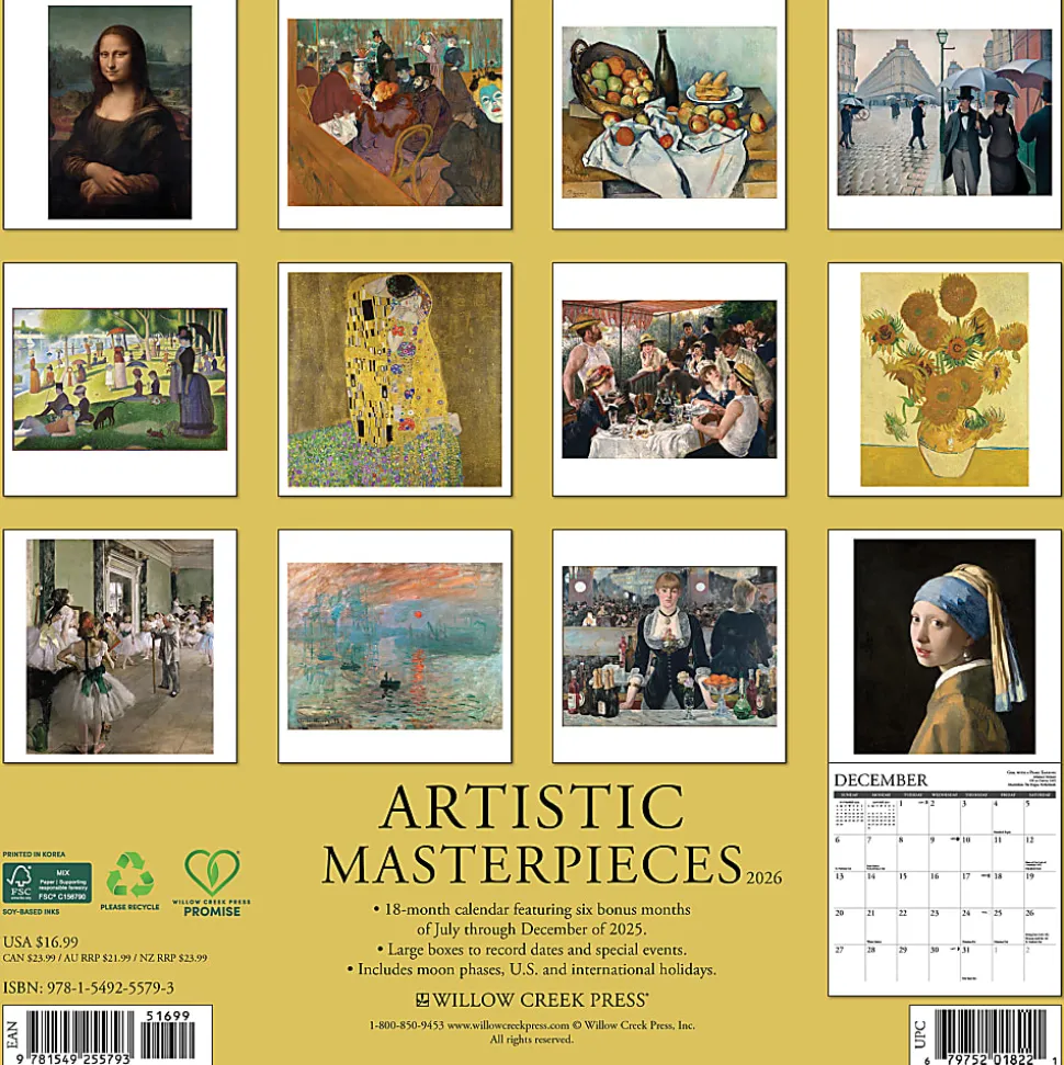 2026 Willow Creek Press Humor & Comics Monthly Wall Calendar, 12" x 12", Artistic Masterpieces, January To December, 55793