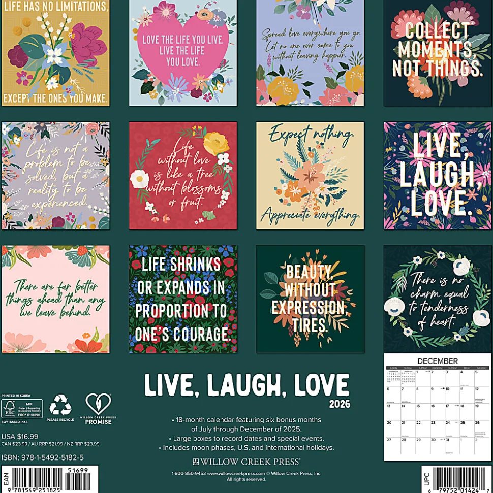 2026 Willow Creek Press Inspirational Monthly Wall Calendar, 12" x 12", Live, Laugh, Love, January To December, 51825