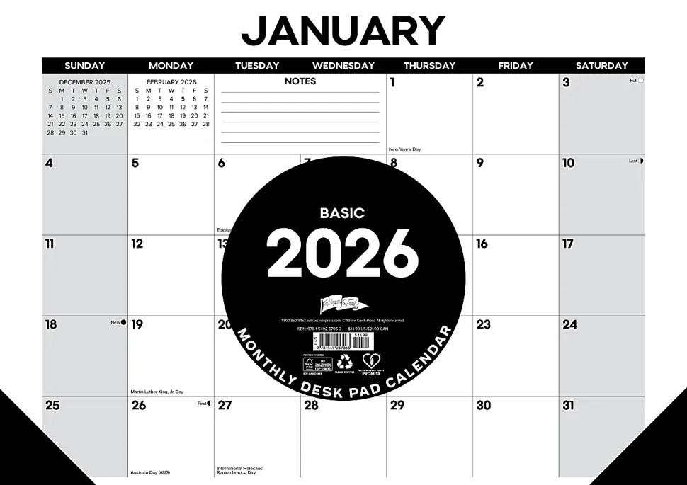 2026 Willow Creek Press Monthly Desk Pad Calendar, 12" x 17", Basic, January To December, 57063