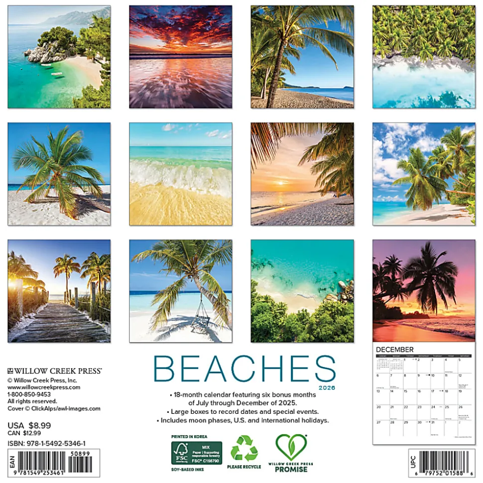 2026 Willow Creek Press Monthly Mini Calendar, 7" x 7", Beaches, January To December, O53461