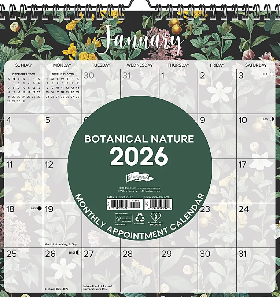 2026-2027 Willow Creek Press Monthly Spiral Wall Calendar, 12" x 12", Botanical Nature, July 2026 To June 2027, 54727