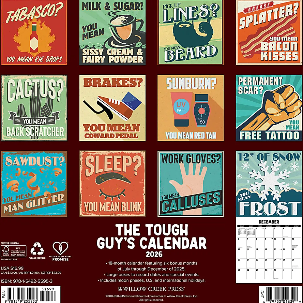2026 Willow Creek Press Monthly Wall Calendar, 12" x 12", The Tough Guy's Calendar, January To December, 55953