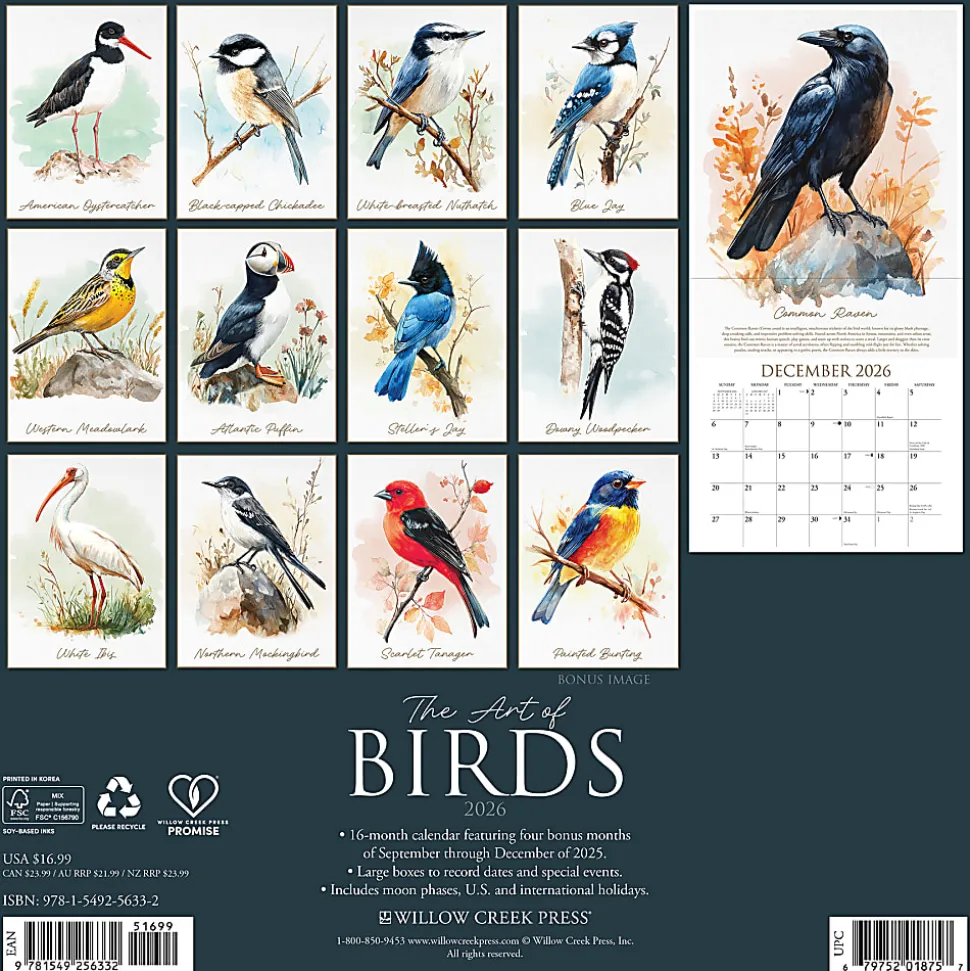 2026 Willow Creek Press Monthly Wall Calendar, 12" x 12", The Art of Birds, January To December, 56332
