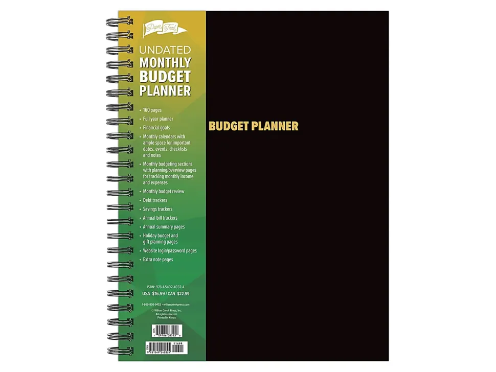 Willow Creek Press 12-Month Undated Budget/Finance Monthly Tracker Planner, 8-1/2" x 11", Black