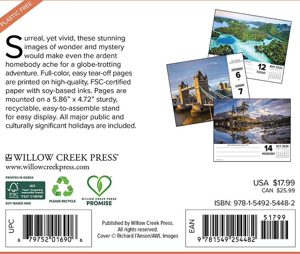 2026 Willow Creek Press Page-A-Day Daily Desk Calendar, 6-1/4" x 5-1/2", Wanderlust, January To December, 54482