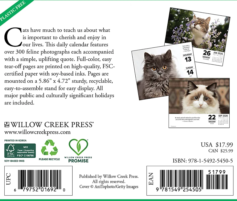 2026 Willow Creek Press Page-A-Day Daily Desk Calendar, 6-1/4" x 5-1/2", What Cats Teach Us, January To December, 54505