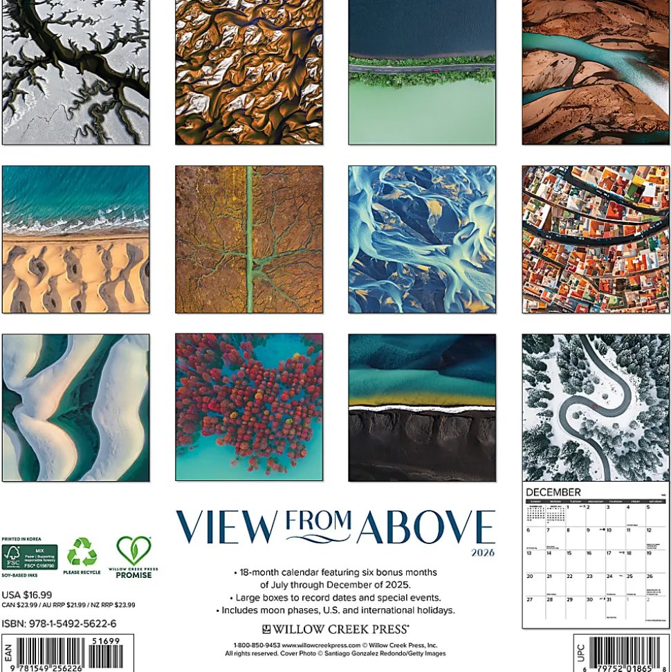 2026 Willow Creek Press Scenic Monthly Wall Calendar, 12" x 12", View From Above, January To December, 56226