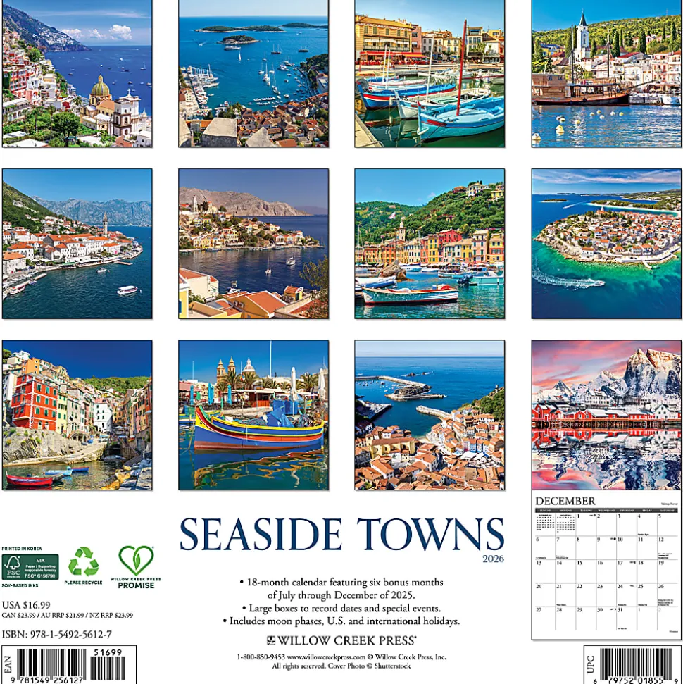 2026 Willow Creek Press Scenic Monthly Wall Calendar, 12" x 12", Seaside Towns, January To December, 56127
