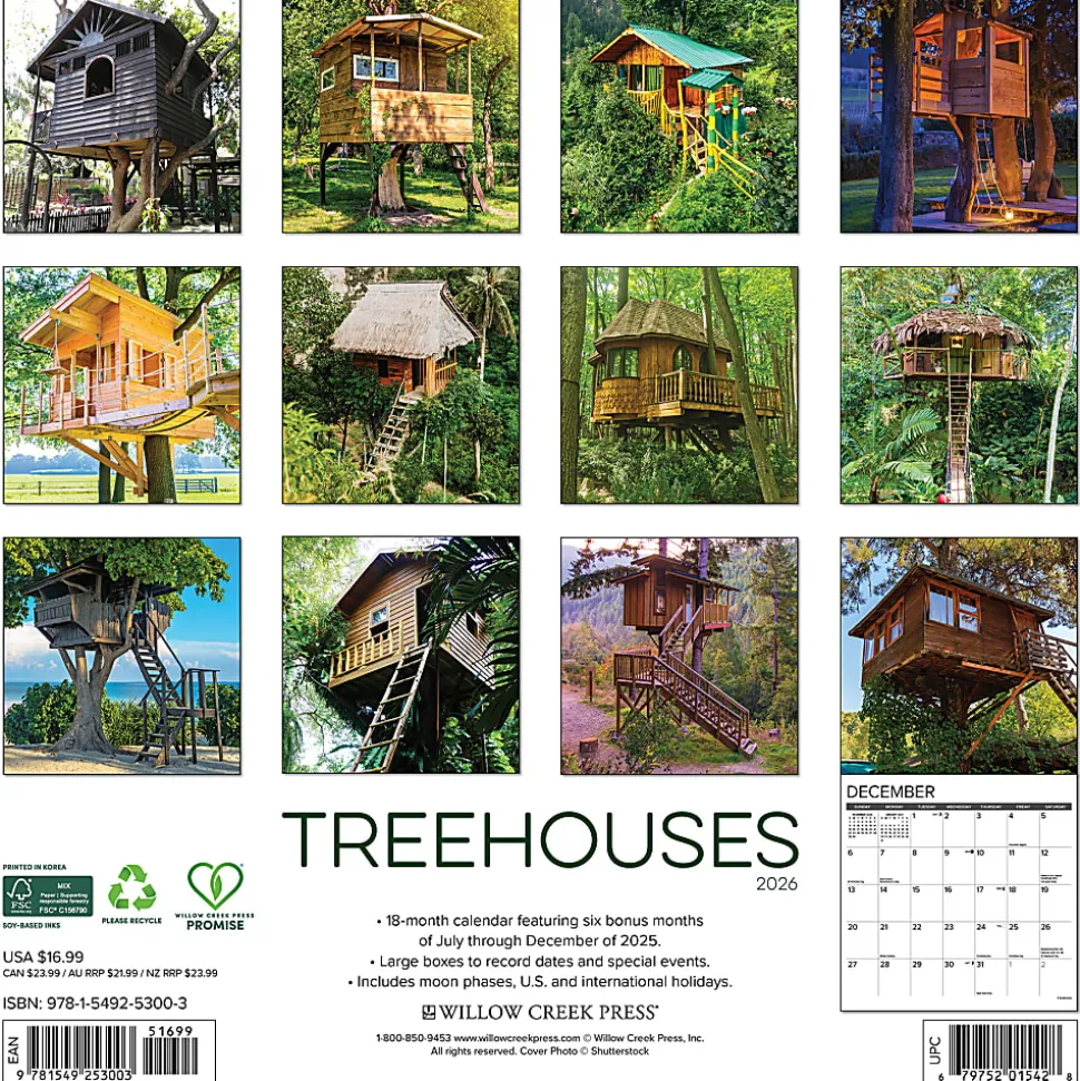 2026 Willow Creek Press Scenic Monthly Wall Calendar, 12" x 12", Treehouses, January To December, 53003