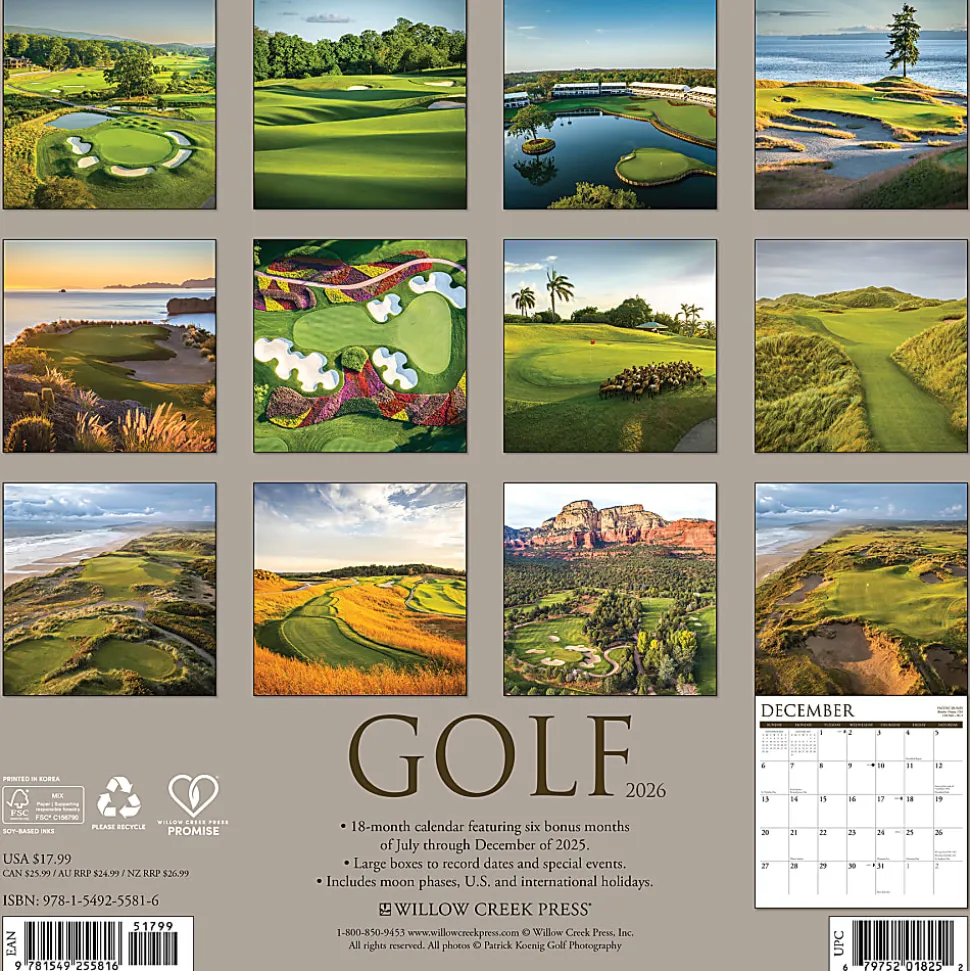 2026 Willow Creek Press Sports Monthly Wall Calendar, 12" x 12", Golf, January To December, 55816