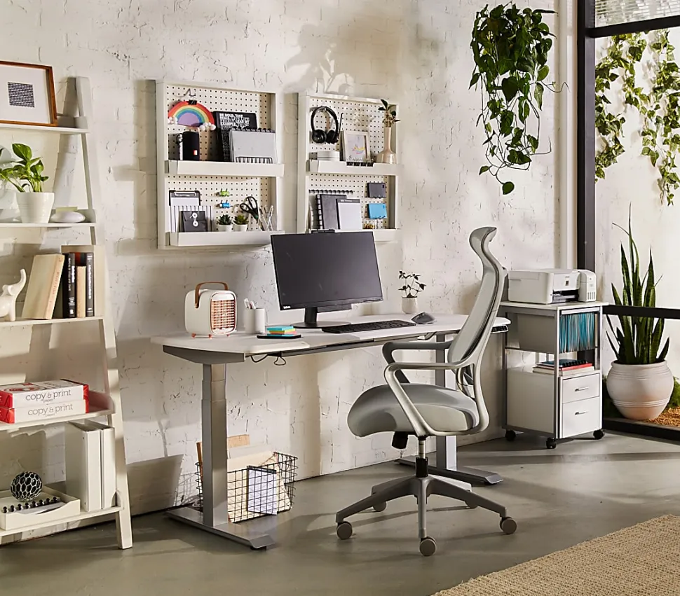 WorkPro® Electric 60"W Height-Adjustable Standing Desk with Wireless Charging, White