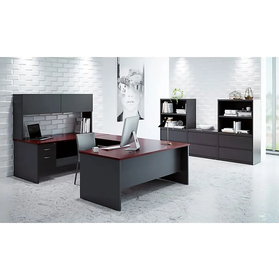 WorkPro® Modular 66”W Left-Pedestal Computer Desk, Charcoal/Mahogany