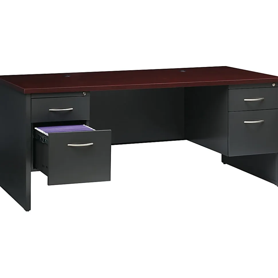 WorkPro® Modular 72"W x 36"D Double-Pedestal Computer Desk, Charcoal/Mahogany