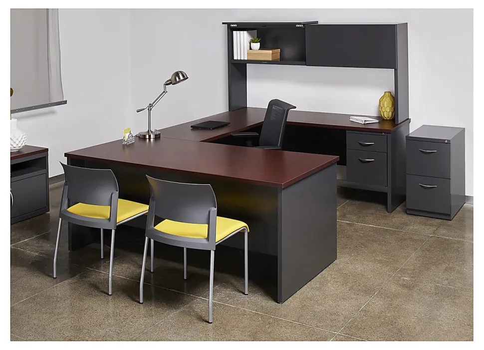 WorkPro® Modular 72"W x 36"D Double-Pedestal Computer Desk, Charcoal/Mahogany