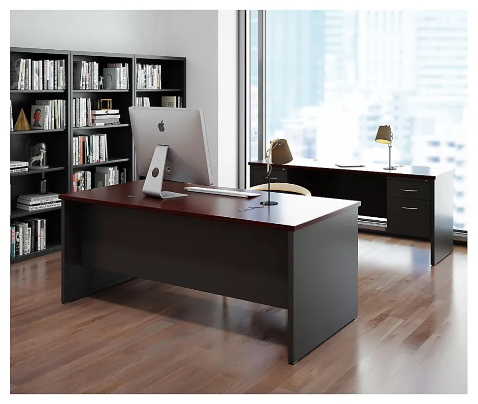 WorkPro® Modular 72"W x 36"D Double-Pedestal Computer Desk, Charcoal/Mahogany