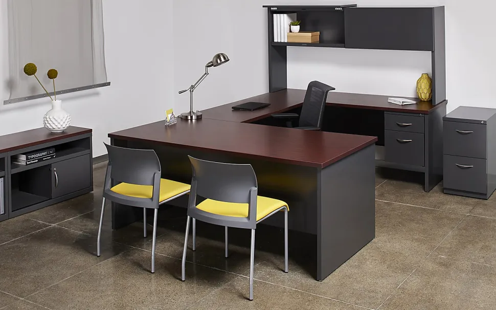 WorkPro® Modular 72"W x 36"D Double-Pedestal Computer Desk, Charcoal/Mahogany