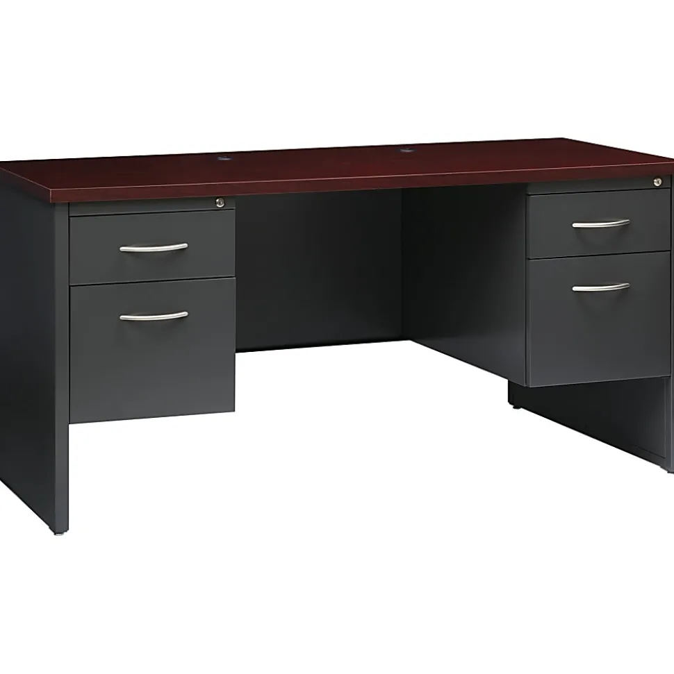 WorkPro® Modular 60"W x 24"D Double-Pedestal Computer Desk, Charcoal/Mahogany