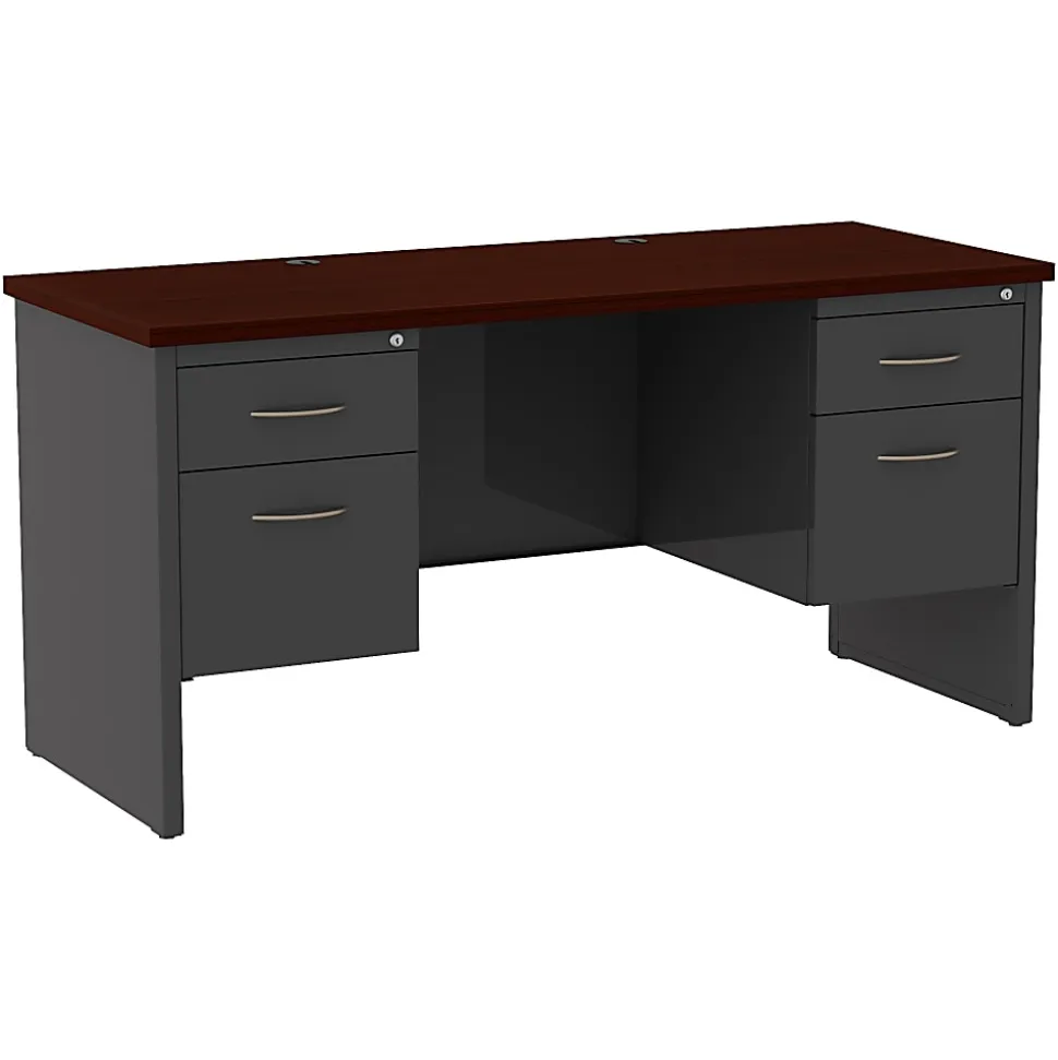 WorkPro® Modular 60"W x 24"D Double-Pedestal Computer Desk, Charcoal/Mahogany