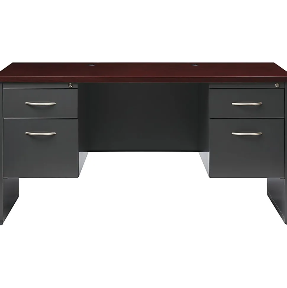 WorkPro® Modular 60"W x 24"D Double-Pedestal Computer Desk, Charcoal/Mahogany