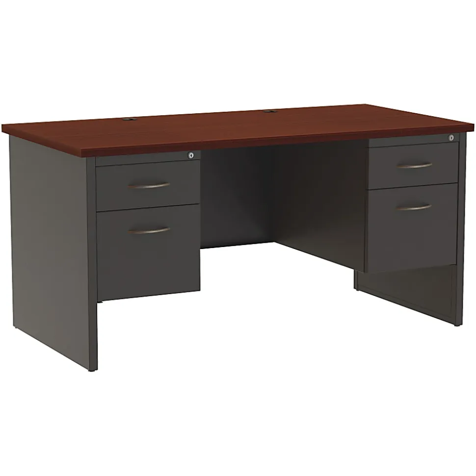 WorkPro® Modular 60"W x 30"D Double-Pedestal Computer Desk, Charcoal/Mahogany