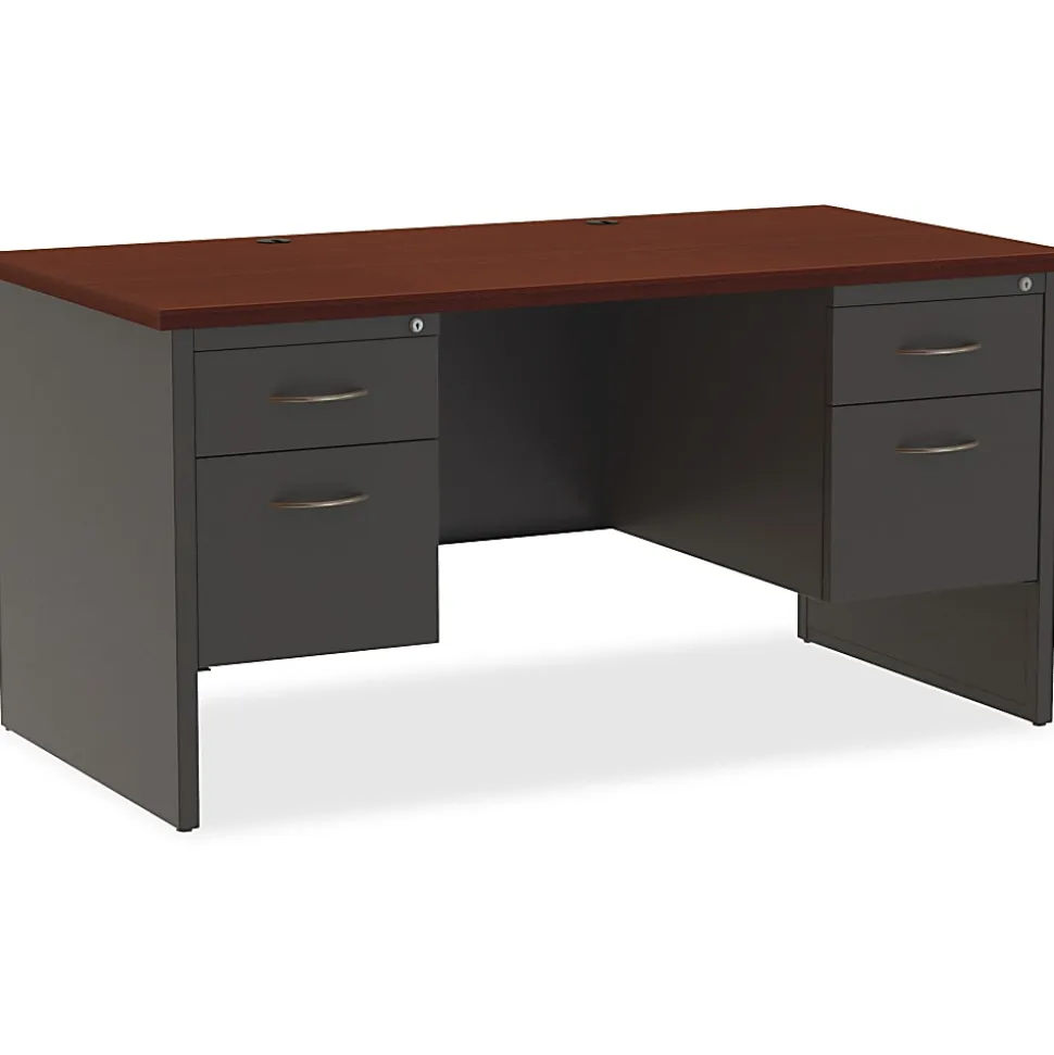 WorkPro® Modular 60"W x 30"D Double-Pedestal Computer Desk, Charcoal/Mahogany