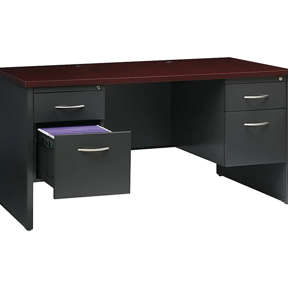 WorkPro® Modular 60"W x 30"D Double-Pedestal Computer Desk, Charcoal/Mahogany
