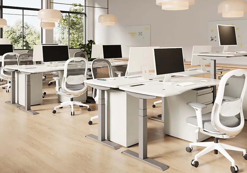 WorkPro® Uomo Ergonomic Mesh/Fabric Mid-Back Office Chair, White/Gray, BIFMA Compliant