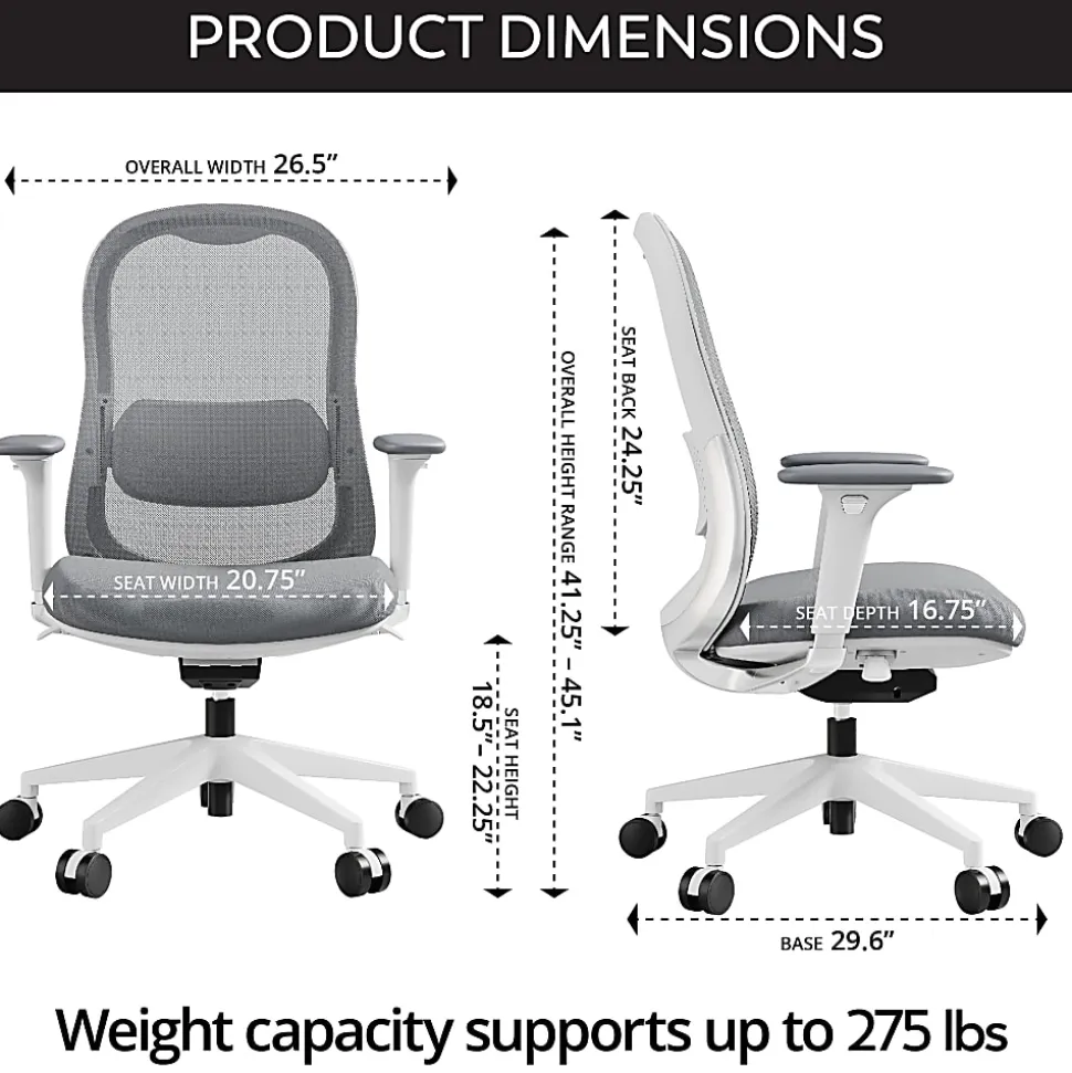 WorkPro® Uomo Ergonomic Mesh/Fabric Mid-Back Office Chair, White/Gray, BIFMA Compliant